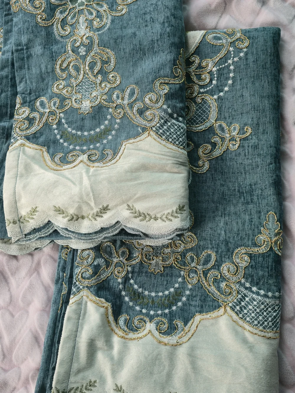 Luxurious Teal and Cream Embroidered Window Curtain Panel
